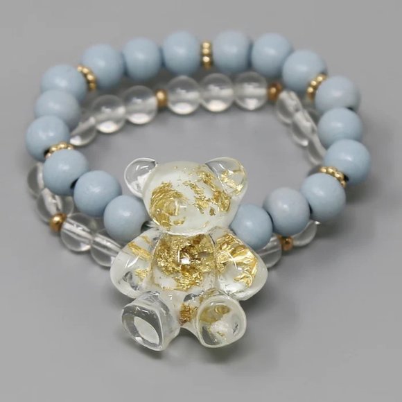 Foil Flake Teddy Bear Charm Beaded Stretch Bracelet Set - Picture 3 of 3